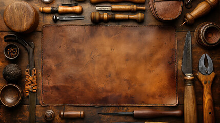 Leather tools and leather working tools on a brown background with copy space