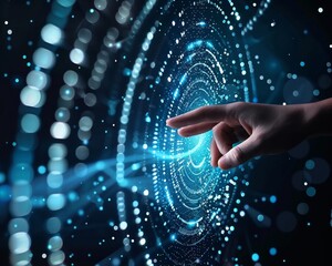 Hand interacting with dynamic data flow, abstract visualization of data processing