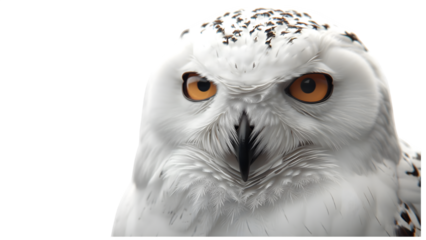 Close up of a white owl isolated on a transparent background, PNG 