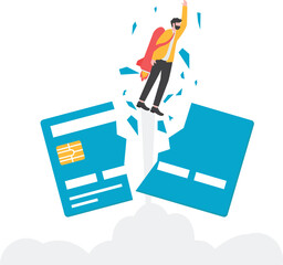 Businessman rushed to the sky and smashed credit card, business concept, vector illustration


