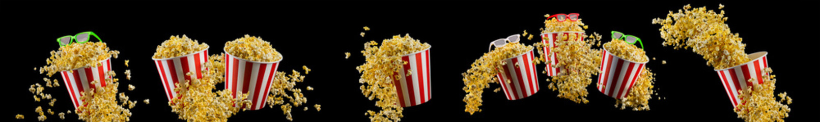 Set of bucket with popcorn and 3D glasses isolated on black background