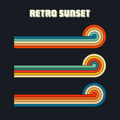 Vintage sunset collection. Various colorful striped sunrise badges in 80s and 90s style. Sun and ocean view, summer vibes, surfing. Design element for print, logo or t-shirt. Vector illustration