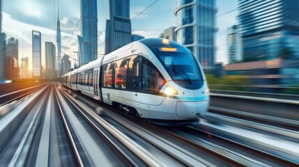 Naklejka premium A modern electric train speeding through a cityscape with skyscrapers in the background.