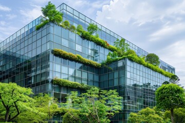 Eco friendly modern glass building with lush greenery for sustainable business architecture