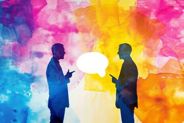Two businessmen are having a conversation with a blank speech bubble between them and a colorful background