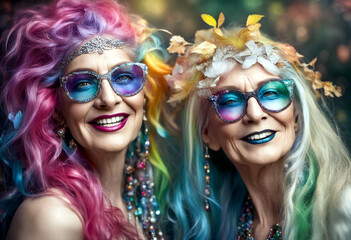 Zwei ältere Frauen mit bunten Haaren und mit Sonnenbrille. Im Stil lebendig, fröhlich und strukturiert. Besondere Momente eingefangen. Für Kinderbücher, Postkarten, Social Media-Posts..