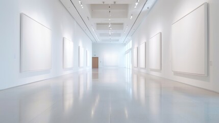 Obraz premium Modern art gallery hall with white walls, large blank canvases, and glossy floors in a minimalist design, well-lit with natural and artificial light.