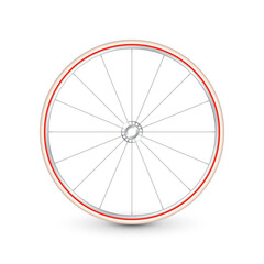 Obraz premium Realistic 3d retro bicycle wheel. Bike rubber tire, shiny metal spokes and rim. Fitness cycle, touring, sport, road and mountain bike. Vector illustration