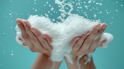 Fototapeta premium hands washing a white woollen fabric with a dense foam against a powder blue background