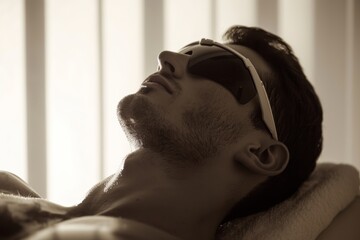 man in protective goggles at laser treatment at beauty salon. male grooming skincare routine.