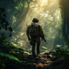 Fototapeta premium Lone Soldier Trekking Through a Dense and Misty Jungle with Sunlight Piercing Through the Canopy of Trees