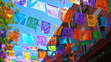 Colorful paper flags of various shapes and sizes hang across the street, adorned with different designs. Buildings line the street under a blue sky