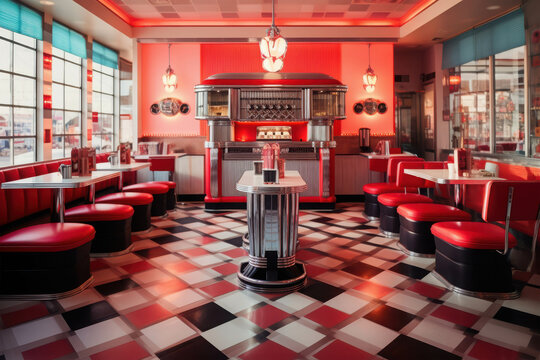 Charming Retro Diner Featuring Red Vinyl Booths, a Classic Checkered Floor, and Nostalgic Decor from the 1950s