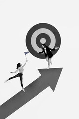 Vertical photo collage of two happy old young businesswoman receive promotion arrow career development worker isolated on painted background