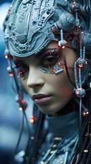 Contemporary Futuristic Modern Women Portrait With Digital Make Up Blurry Background