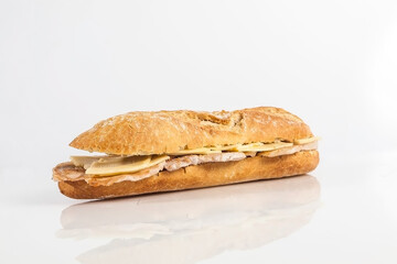 Pork tenderloin sandwich with cheese on white background