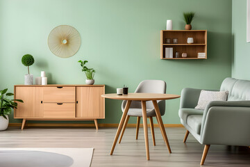 The Scandinavian, mid-century home interior design features mint color chairs, a round wooden dining table, a sofa, and a cabinet in a modern living room.