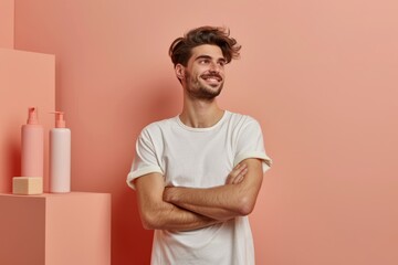 attractive young man standing near minimalist cosmetics products on pink peach background. Male skincare routine. SPF sun protection. Moisturizing lotion. Eye contouring cream. 