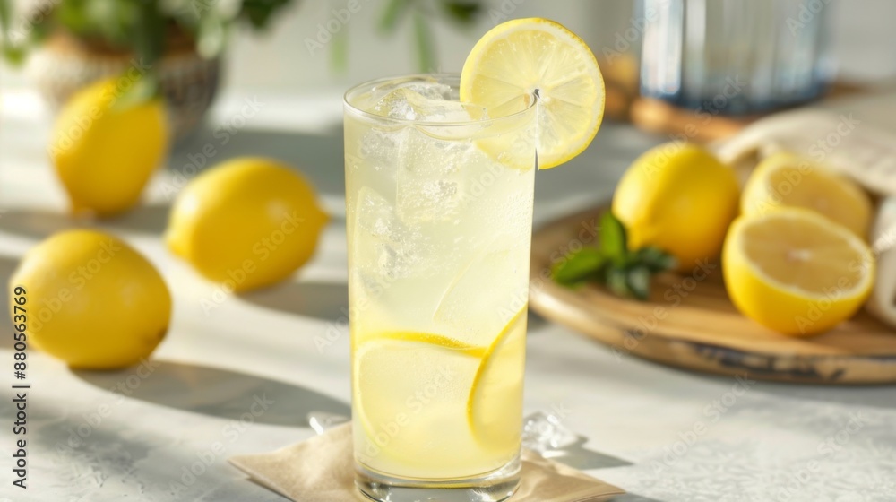 Poster a refreshing lemonade drink served in a tall glass with a slice of lemon on the rim.