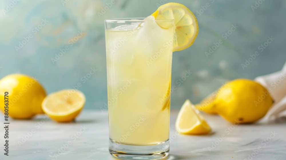 Poster a refreshing lemonade drink served in a tall glass with a slice of lemon on the rim.