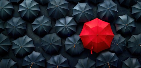a red umbrella blooming among the black umbrellas