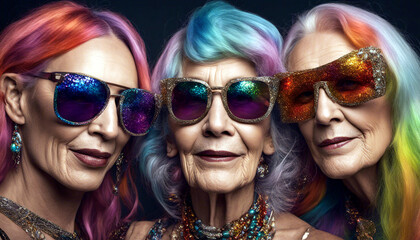 Drei &auml;ltere Frauen mit wei&szlig;en Haaren und mit Sonnenbrille. Im Stil lebendig, fr&ouml;hlich und strukturiert. Besondere Momente eingefangen.