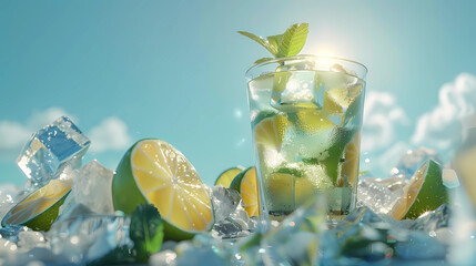 A glass of mojito cocktail or lemanade with fresh mint and limes standing among crushed ice and lime slices in rays of summer sun