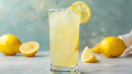 A refreshing lemonade drink served in a tall glass with a slice of lemon on the rim.