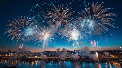 Spectacular fireworks light up the night sky above a bustling city harbor, reflecting vibrant colors on the water.