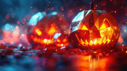Creative image Glowing geometric polygonal Halloween pumpkin in autumn background with copy space