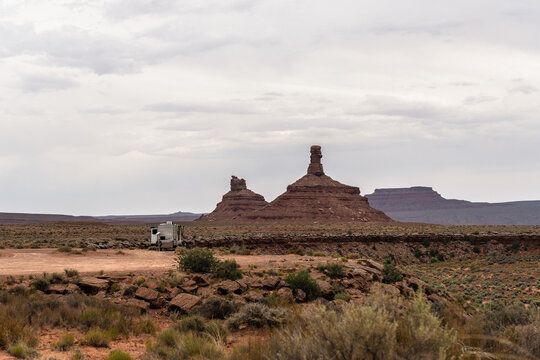 Recreational vehicle parked in scenic Valley of the Gods, Utah