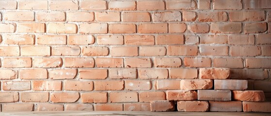 Fototapeta premium Red brick wall background with a stack of bricks on the ground, perfect for construction, architecture, and industrial-themed designs.