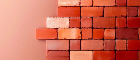 Obraz premium Red brick wall close-up with varying shades of red bricks, creating a textured pattern on a subtle pink background.