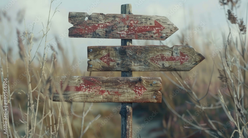 Poster a wooden sign pointing in opposite directions in an open field