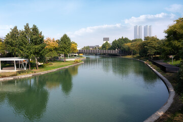 Tranquil Urban Riverside Park with Modern Buildings