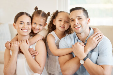Obraz premium People, family and happy on portrait in home for fun, bonding and support for memories. Parents, mom and dad with kids or girls at living room with smile to relax for care, love and trust together
