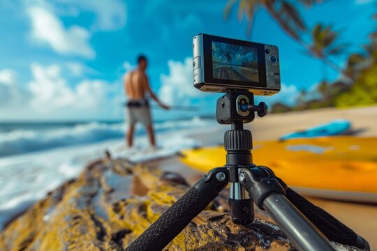 Digital camera on a tripod recording a surfer walking on the beach with a yellow kayak