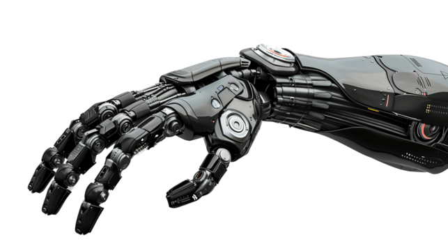Futuristic design concept of a robotic mechanical arm. Cybernetic organism, Artificial Intelligence, isolated on white background.