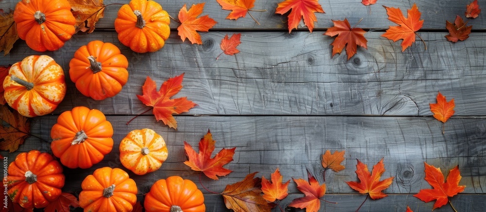 Aufkleber pumpkins in orange hues arranged with autumn maple leaves on a wooden backdrop creating a warm fall 