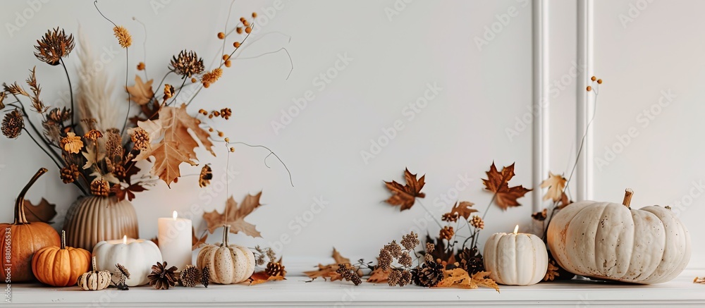 Poster table set with autumnal elements like pumpkins dried leaves and a lit candle against a white backdro