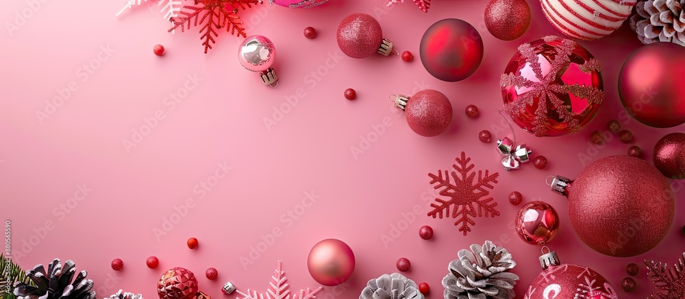 Poster Various Christmas decorations arranged on a pink backdrop with empty space for text or images copy space image