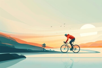 Fototapeta premium guy cycling along a scenic outdoor path, minimalist natural landscape, freedom in outdoor. Healthy lifestyle physical activity. Eco way of traveling.