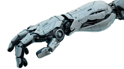 Futuristic design concept of a robotic mechanical arm. Cybernetic organism, Artificial Intelligence, isolated on white background.