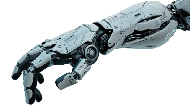 Futuristic design concept of a robotic mechanical arm. Cybernetic organism, Artificial Intelligence, isolated on white background.
