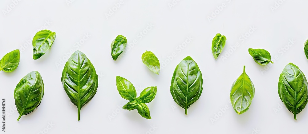 Poster Basil leaves arranged neatly against a plain white backdrop perfect for a copy space image