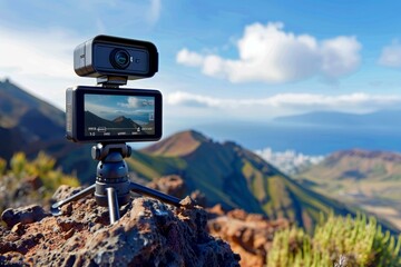Action camera filming scenic mountain landscape on tripod