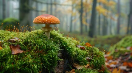 Orange bolete mushroom amidst reindeer moss in the woods