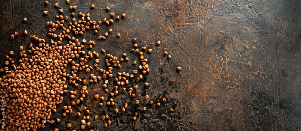 Poster A rustic copy space image with scattered raw buckwheat grains on a dry textured background