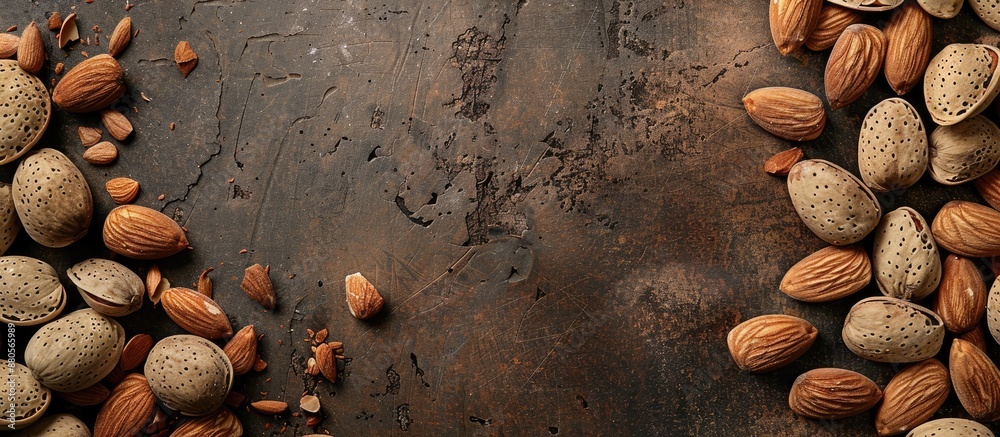 Poster Almond nuts both with and without shells arranged on a table with space for an image. copy space available