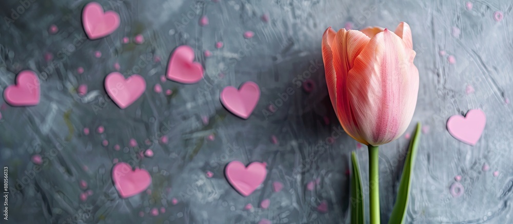 Poster Single pink tulip against a gray backdrop decorated with pink heart shapes in a copy space image